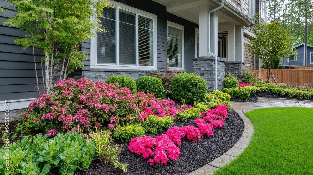 Front yard landscaping with colorful flowers and bushes, offering copy space for promotional text. Front yard landscaping with colorful flowers and bushes, offering copy space for promotional text.