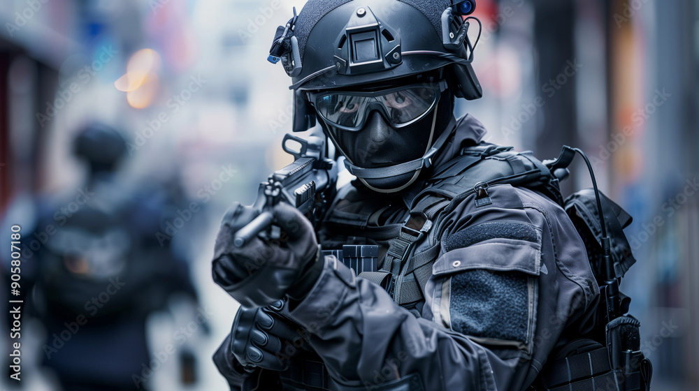 In full tactical uniform, the SWAT officer performs his duties, prepared for any emergency situation. In full tactical uniform, the SWAT officer performs his duties, prepared for any emergency situation.