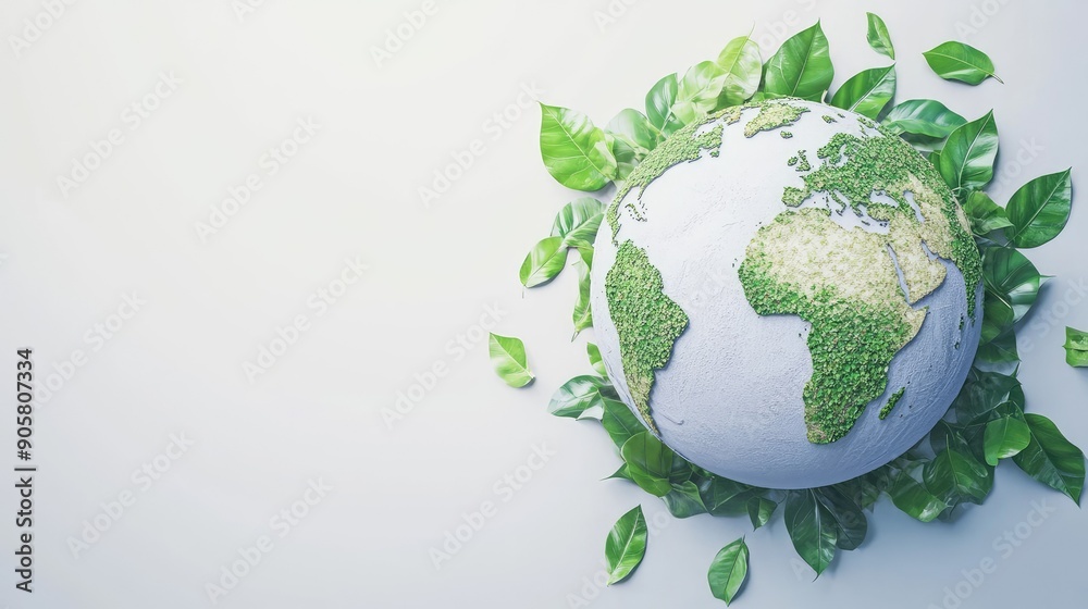 Globe with green leaf elements, representing environmental awareness and blank space for copy. Globe with green leaf elements, representing environmental awareness and blank space for copy.
