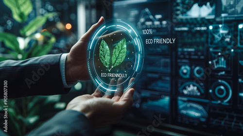 A hand holds a transparent holographic display featuring a green leaf, symbolizing sustainable technology and environmental preservation within a high-tech digital interface.