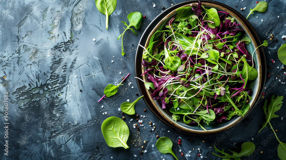 A healthy and tasty salad with microgreens, beautifully presented on a rustic background, attracts the eye with its fresh ingredients.
A healthy and tasty salad with microgreens, beautifully presented on a rustic background, attracts the eye with its fresh ingredients.