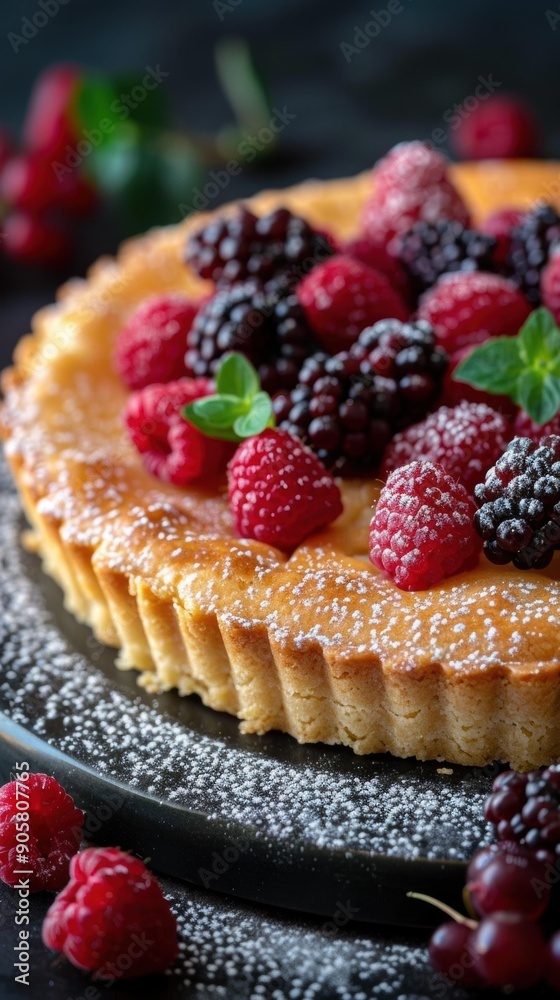 A delicious tart topped with fresh berries and dusted with powdered sugar. AI. A delicious tart topped with fresh berries and dusted with powdered sugar. AI.