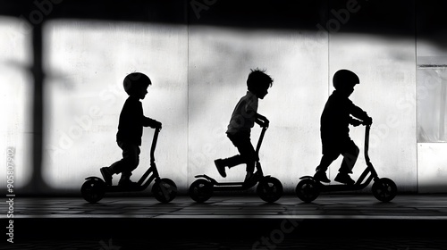 Silhouette Balance Bike for kids. This Boy practicing balance With a bicycle using a plowed leg is a bike without a spinning ladder.
 photo