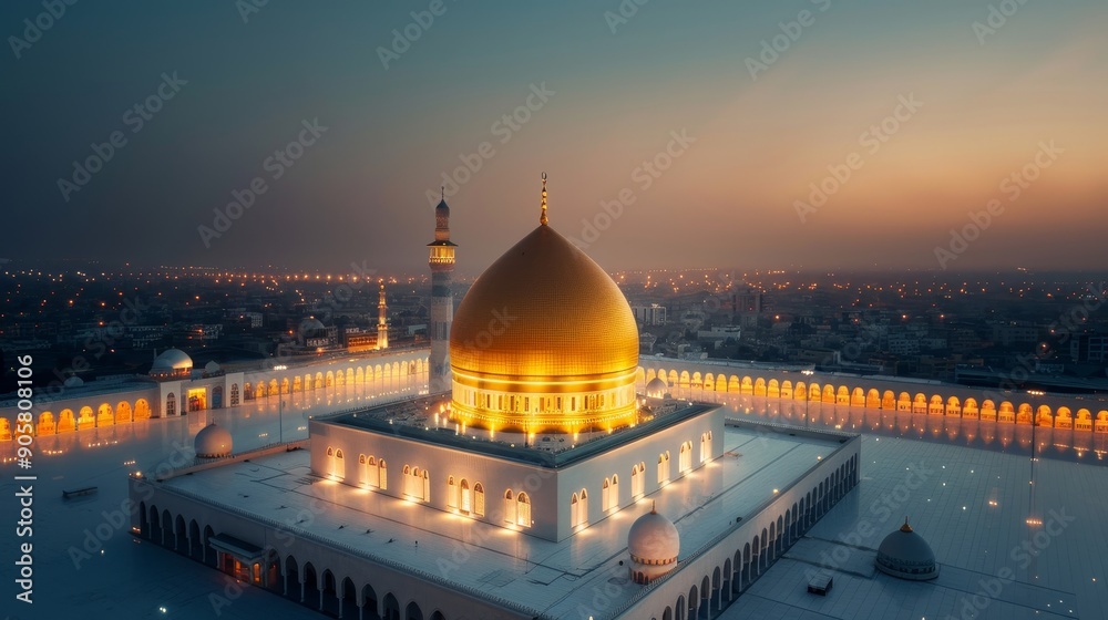 Fototapeta premium A luminous neon city highlighting a sacred mosque with detailed architecture, merging ancient beauty with modern brilliance