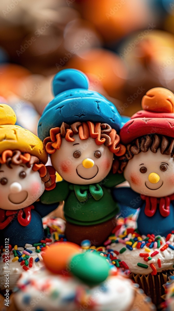 Three smiling figurines on top of cupcakes. AI. Three smiling figurines on top of cupcakes. AI.
