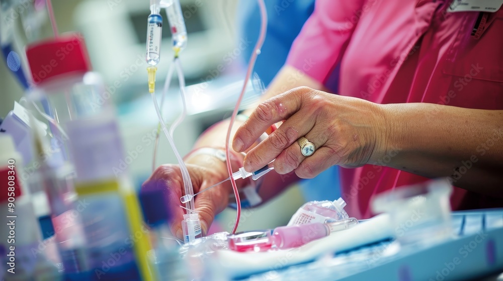 Closeup of a Nurse's Hand Placing an IV Drip in a Patient's Arm Closeup of a Nurse's Hand Placing an IV Drip in a Patient's Arm