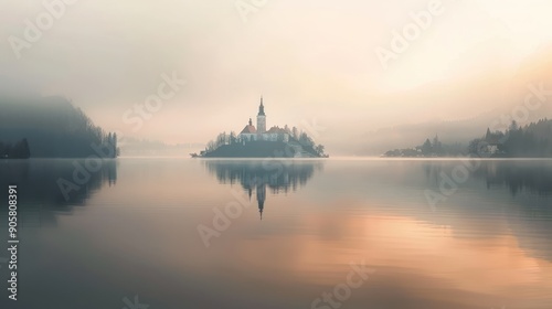 Picturesque Lakeside Church in the Morning Mist