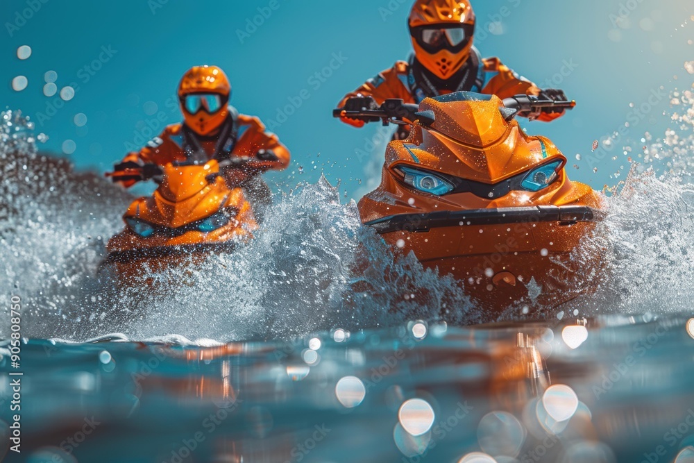 Fototapeta premium Two people on jet skis speeding through the water. AI.