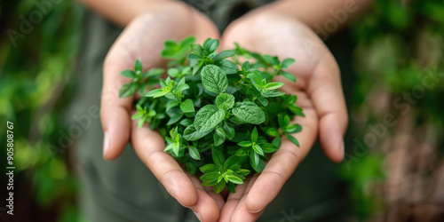 Hands gently holding a bunch of fresh green herbs, symbolizing nature, gardening, and organic living. photo