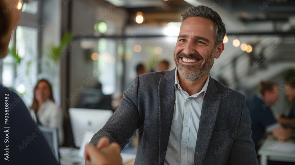 Smiling Businessman Shaking Hands in a Modern Office with Colleagues in the Background Smiling Businessman Shaking Hands in a Modern Office with Colleagues in the Background