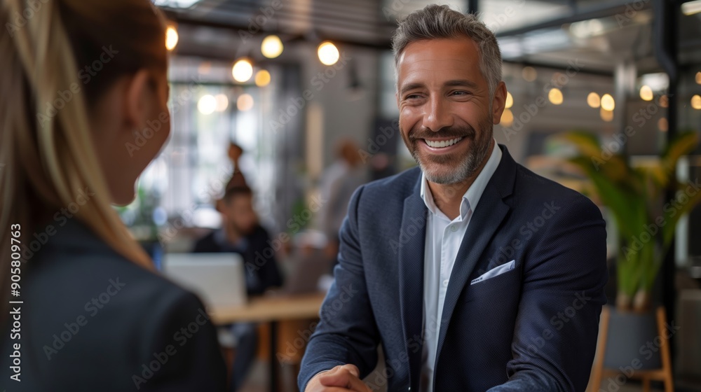 Smiling Businessman Greeting Colleague in a Modern Office Setting Smiling Businessman Greeting Colleague in a Modern Office Setting