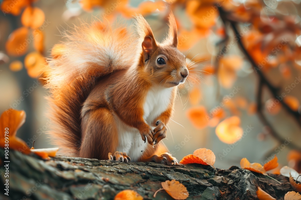 Fluffy Red Squirrel Posing in Autumn Park Amidst Vibrant Golden Oak Foliage