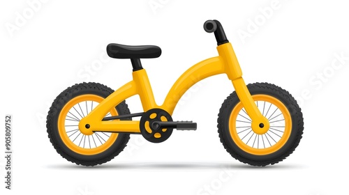 Yellow children's balance bike isolated on white background image. Teaching children to ride a bike, keep balance, pushing off the ground. Vector graphics. 