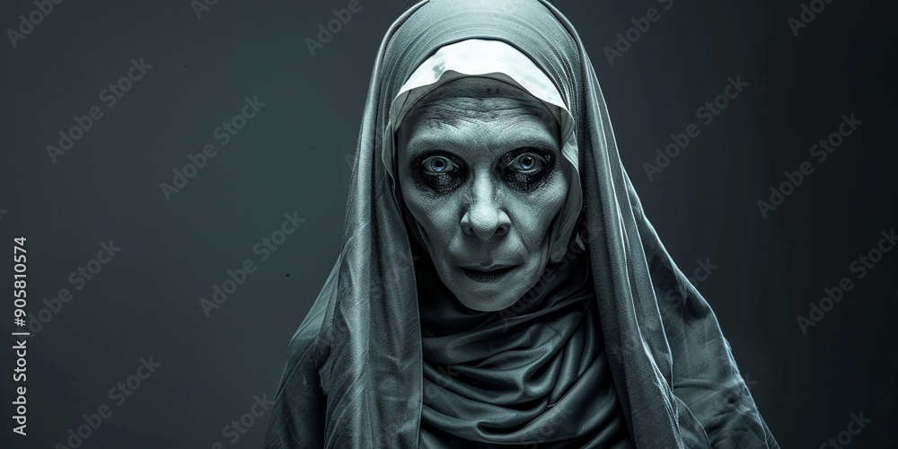 Hateful evil cursed nun staring at the camera isolated on black background, Halloween haunted poster backgrounds. Hateful evil cursed nun staring at the camera isolated on black background, Halloween haunted poster backgrounds.
