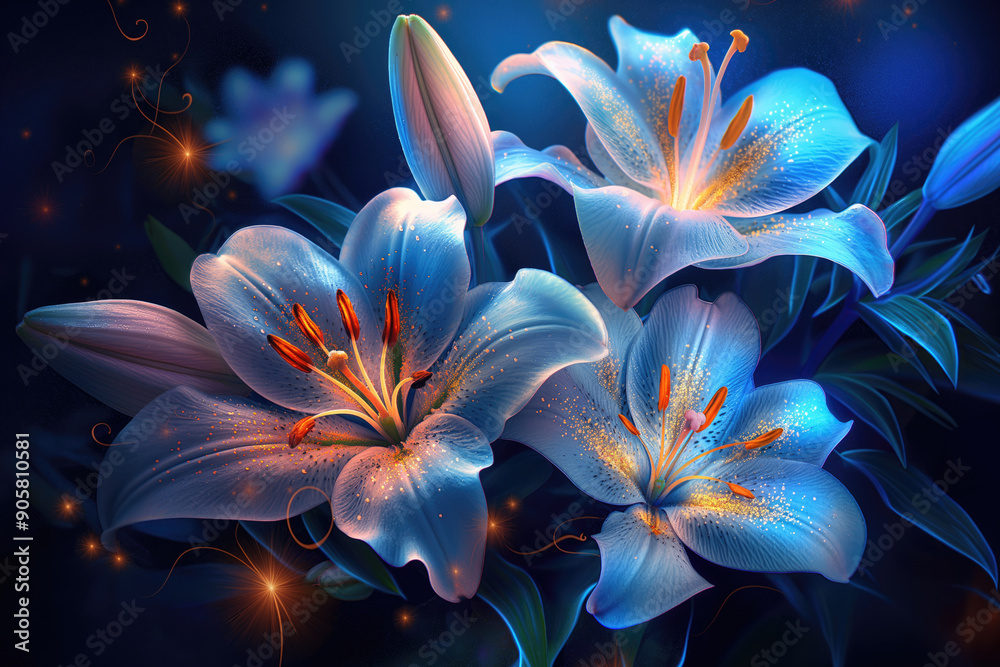 Fototapeta premium Glowing abstract lilies on dark background, realistic style. Generative ai