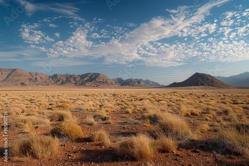 A vast, arid expanse of the Namib Desert in Namibia, Africa, with rugged mountains in the distance and a clear blue sky with sparse clouds. photo