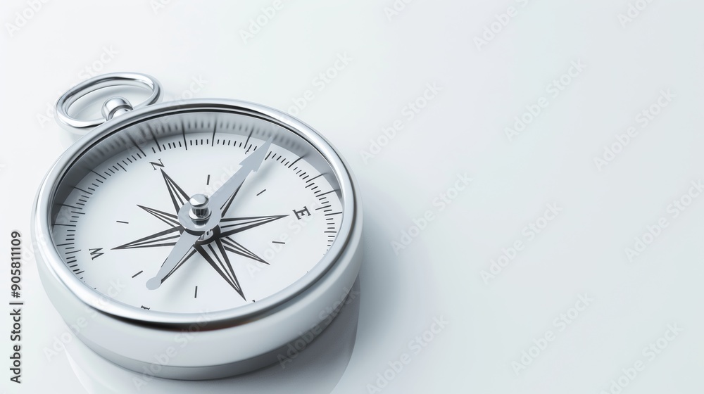 A polished silver compass with a precise needle, isolated on a clean white background, perfect for navigation-themed designs with ample copy text space A polished silver compass with a precise needle, isolated on a clean white background, perfect for navigation-themed designs with ample copy text space