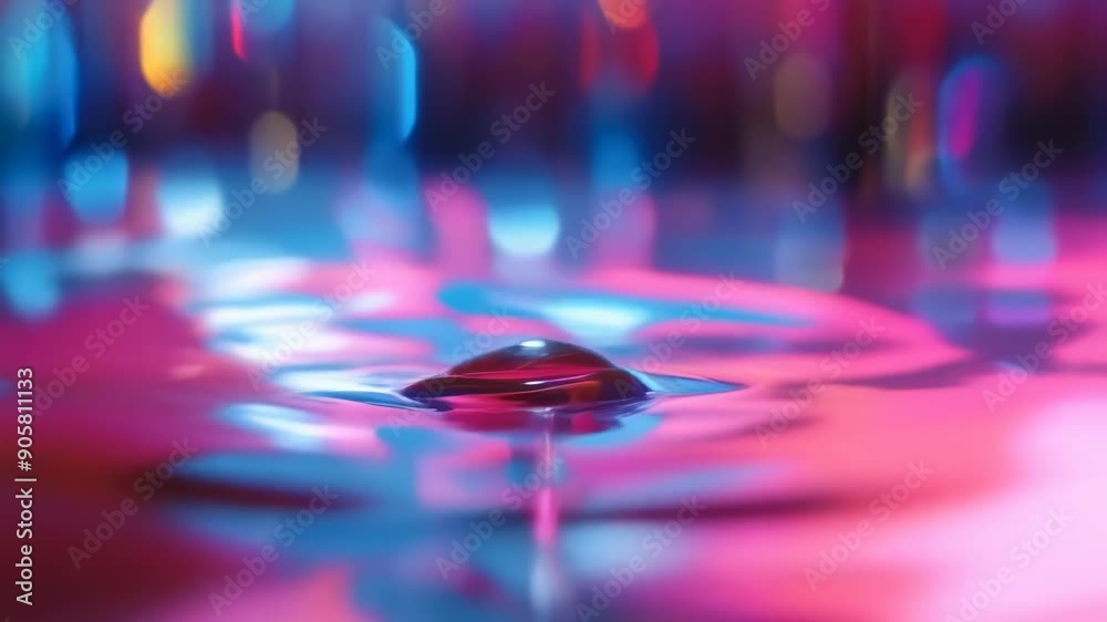 A water droplet descends, creating ripples on a vibrant, reflective water surface. The scene, illuminated by colorful lights, captures the moment just before impact. Evening mood, artistic ambiance. A water droplet descends, creating ripples on a vibrant, reflective water surface. The scene, illuminated by colorful lights, captures the moment just before impact. Evening mood, artistic ambiance.