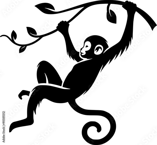 Moneky swinging on branch silhouette vector graphic 