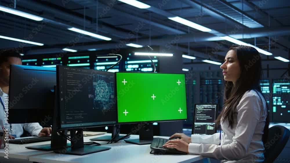 Admin using AI tech on isolated screen PC to do maintenance in server room. Specialist in data center using artificial intelligence on chroma key to process datasets for training, camera B Admin using AI tech on isolated screen PC to do maintenance in server room. Specialist in data center using artificial intelligence on chroma key to process datasets for training, camera B