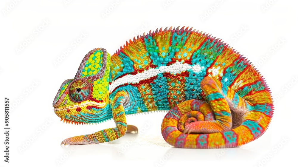 Chameleon with bright, varied colors and a curled tail, isolated background, ideal for marketing use with ample space for text or logos Chameleon with bright, varied colors and a curled tail, isolated background, ideal for marketing use with ample space for text or logos