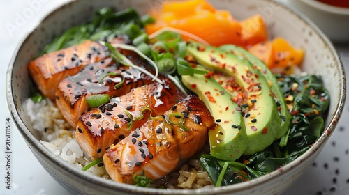 Delicious Teriyaki Salmon Rice Bowl. Fresh and Flavorful Asian Cuisine Concept photo