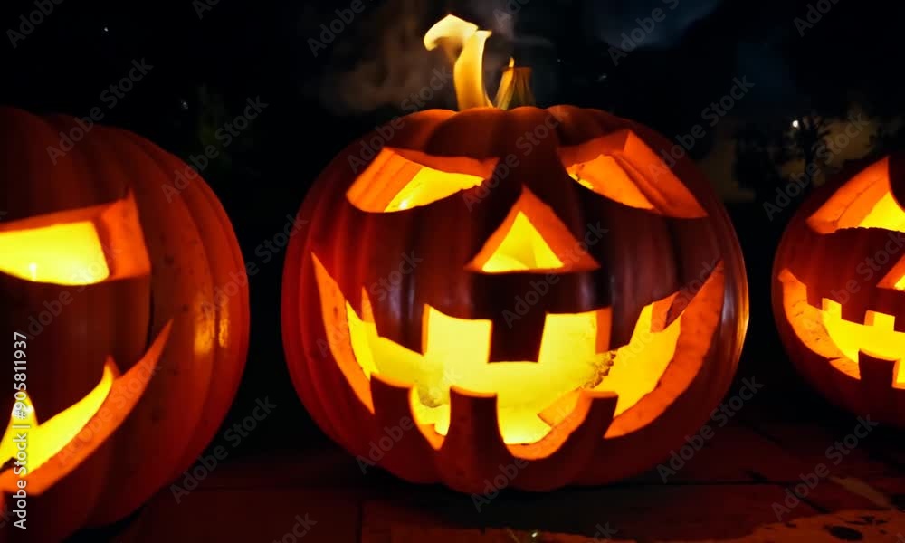 Halloween pumpkins light up and fill the space with warm, twinkling light. Candles inside the pumpkins bring their carved smiles and spooky grimaces to life
Halloween pumpkins light up and fill the space with warm, twinkling light. Candles inside the pumpkins bring their carved smiles and spooky grimaces to life