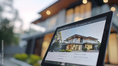 Tablet Displaying Modern House Listing on Website