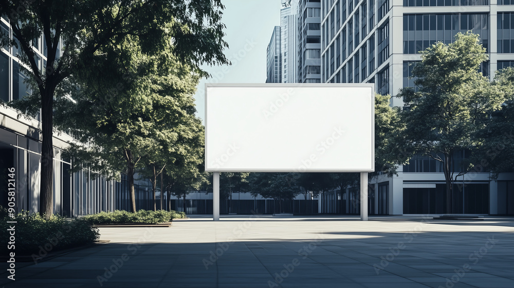 Fototapeta premium A blank billboard in a modern urban square with trees and buildings, perfect for mockup and advertising template.