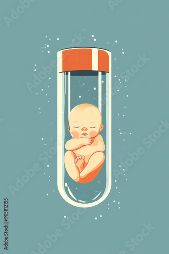 An illustration of a baby inside a test tube, symbolizing in vitro fertilization and artificial reproduction.