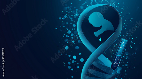 A baby holding a test tube with a glowing DNA helix in the background, representing genetic engineering and future reproduction.