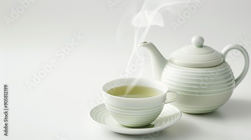 Wallpaper Mural Steaming green tea cup next to a teapot, isolated on white, designed for text space Torontodigital.ca