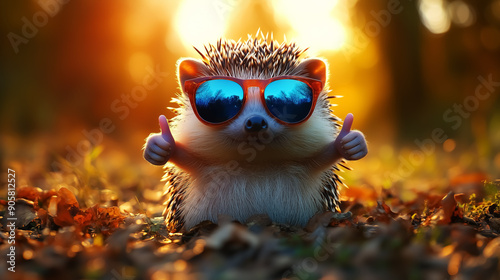 cute hedgehog wearing sunglasses and doing thumbs up, animal cartoon. Design for Wall Art, Poster Print, Wallpaper & Background