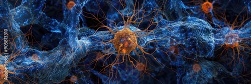 Activated astrocytes stained for Glial Fibrillary Acidic Protein GFAP in the brain highlighting their long cell processes with a brown color Astrocytes are depicted in blue contrasting the photo