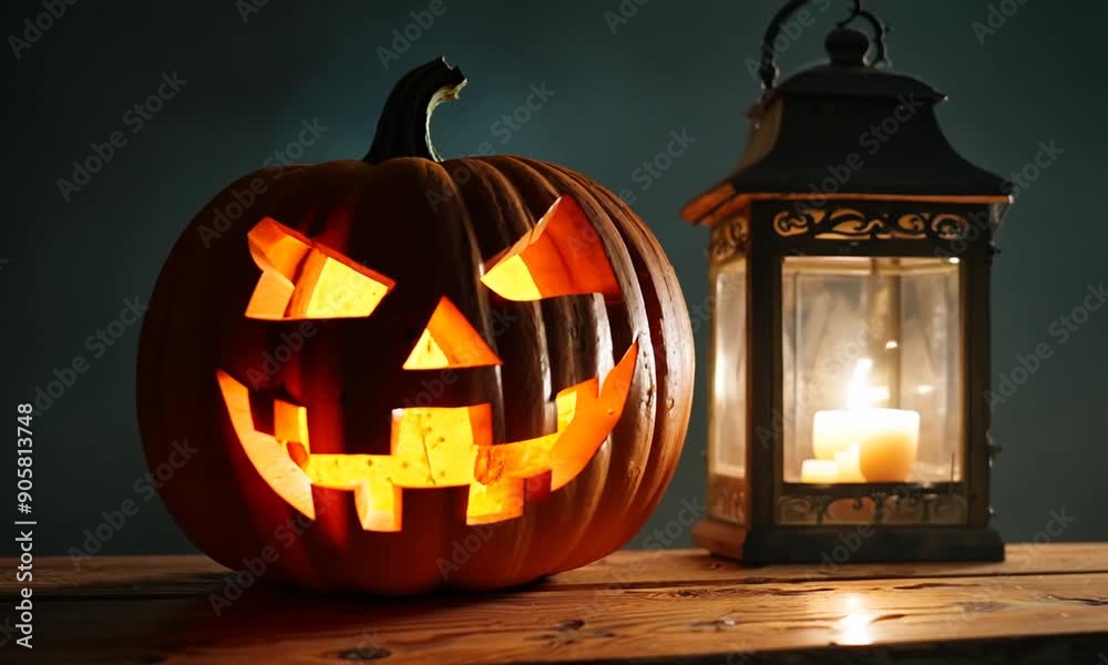 On wooden boards stands a terrifying Halloween pumpkin, its carved face flickering in the candlelight.
On wooden boards stands a terrifying Halloween pumpkin, its carved face flickering in the candlelight.
