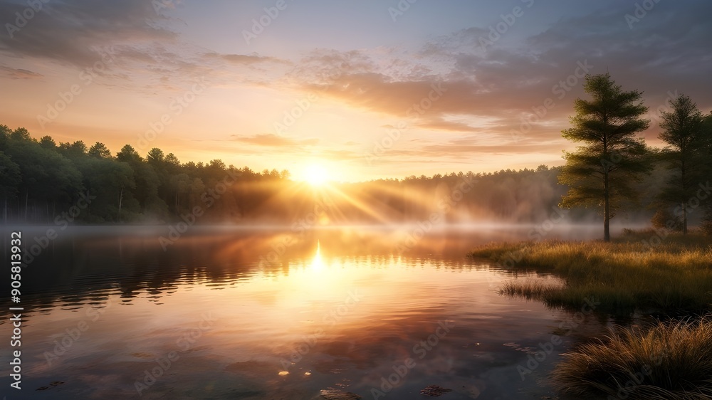 a serene lake at sunrise, with the sun rising above a line of trees, casting warm, golden light across the water. The mist over the lake adds a sense of tranquility and depth AI Generated image 