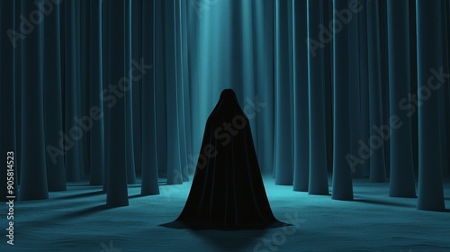 Enigmatic cloaked figure drifting through a midnight forest, moonbeams piercing the thick canopy, an eerie, mysterious ambiance