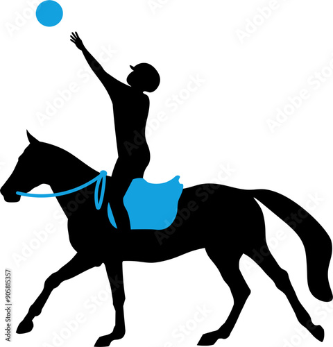 Black silhouette of a horseball player throwing a ball on horseback. Horseball involves players within a team passing and throwing a ball on horseback Scalable high resolution illustration, isolated.  photo