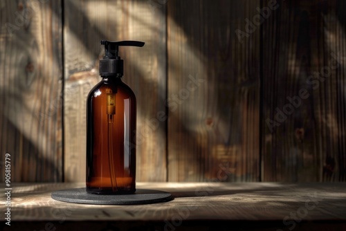 A bottle of liquid sits on top of a wooden table, simple and straightforward © Fotograf