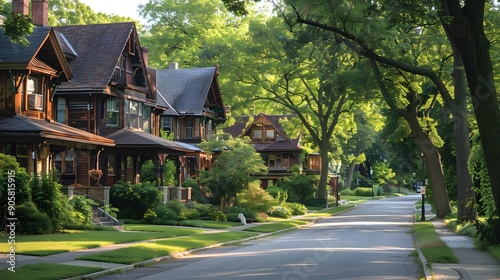 Charming Wooden Houses in Oak Park, Chicago, Illinois. Tranquil neighborhood landscape