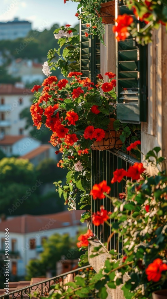 Lush Greenery and Vibrant Red Blossoms Overlooking the City from a Sunny Balcony, a Haven of Serenity Amidst Urban Landscapes. Lush Greenery and Vibrant Red Blossoms Overlooking the City from a Sunny Balcony, a Haven of Serenity Amidst Urban Landscapes.