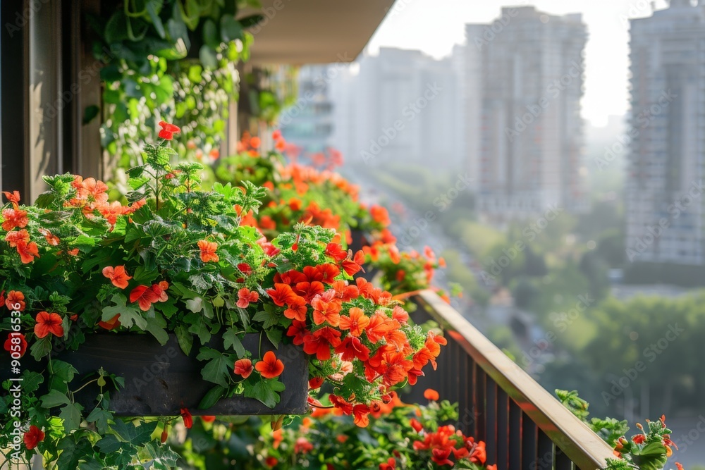 Lush Greenery and Vibrant Red Blossoms Overlooking the City from a Sunny Balcony, a Haven of Serenity Amidst Urban Landscapes. Lush Greenery and Vibrant Red Blossoms Overlooking the City from a Sunny Balcony, a Haven of Serenity Amidst Urban Landscapes.