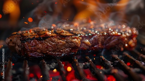 Sizzling BBQ Delight. Juicy steak on the grill in a smoky atmosphere. photo