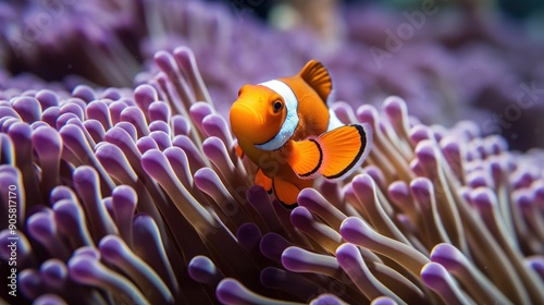 Close-up of a Clownfish Partially Hidden in a Purple Sea Anemone