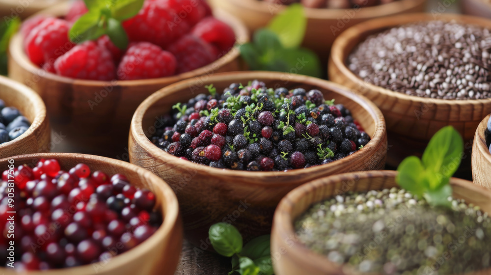 Various fresh berries and seeds arranged in wooden bowls, showcasing a healthy and colorful food selection. Various fresh berries and seeds arranged in wooden bowls, showcasing a healthy and colorful food selection.