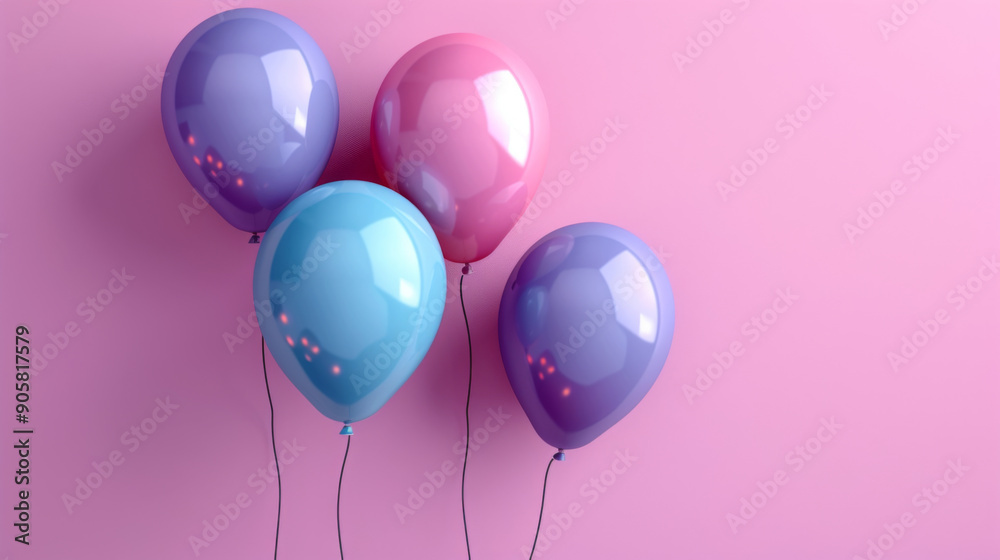Four colorful balloons, two blue and two pink, floating against a pink background, ideal for celebrations and parties.