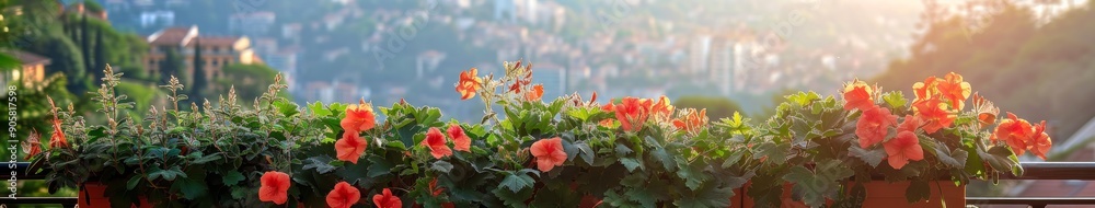 Lush Greenery and Vibrant Red Blossoms Overlooking the City from a Sunny Balcony, a Haven of Serenity Amidst Urban Landscapes. Lush Greenery and Vibrant Red Blossoms Overlooking the City from a Sunny Balcony, a Haven of Serenity Amidst Urban Landscapes.