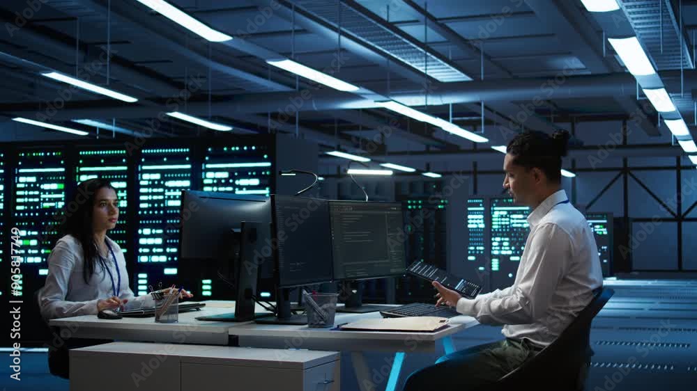 System administrator in data center installing software on computer, troubleshooting issues using tablet. IT staff member in server hub establishing performance benchmarks, camera B