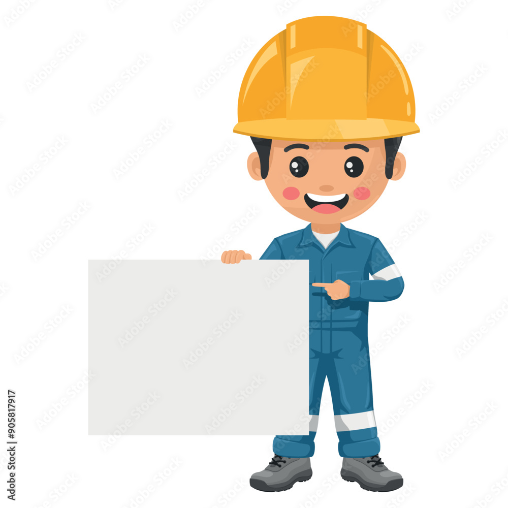 Industrial mechanic worker with his personal protective equipment holding a banner with space for text for advertising, presentations, brochures. Industrial safety and occupational health at work Industrial mechanic worker with his personal protective equipment holding a banner with space for text for advertising, presentations, brochures. Industrial safety and occupational health at work
