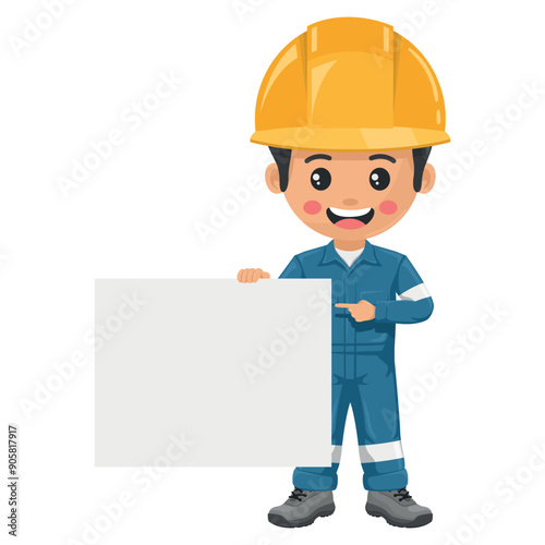 Industrial mechanic worker with his personal protective equipment holding a banner with space for text for advertising, presentations, brochures. Industrial safety and occupational health at work